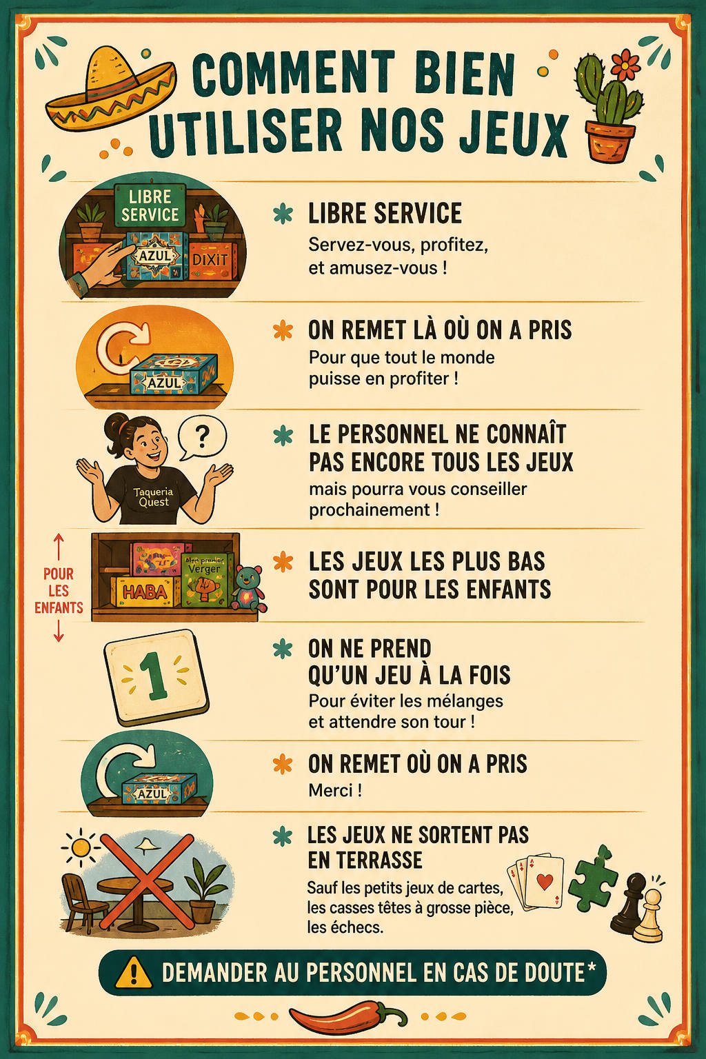 Règles d'utilisation de la ludothèque Taqueria Quest